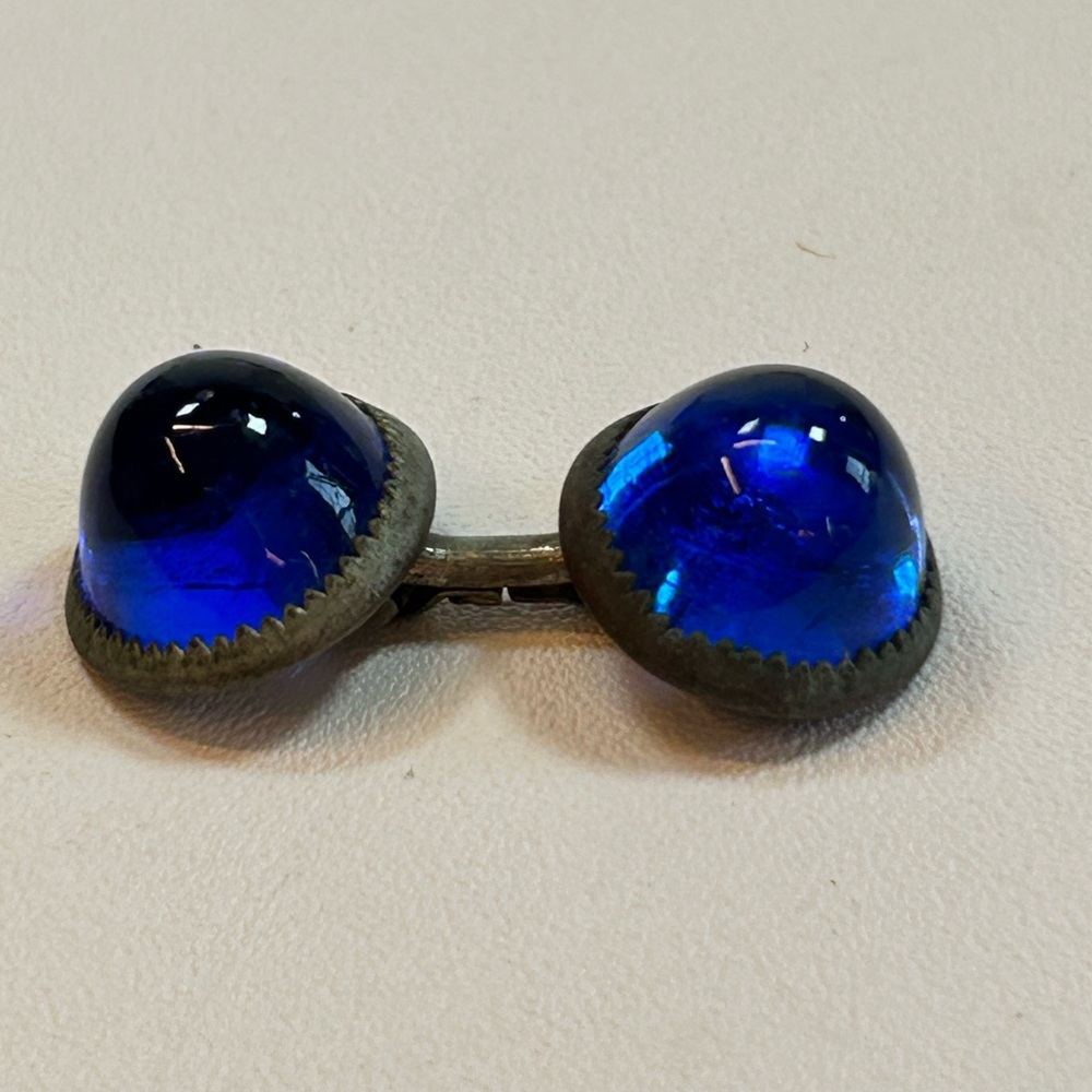 Vintage Two Pairs + Cobalt Blue Glass Chain Link Cufflinks Domed Art Deco - Picture 3 of 8